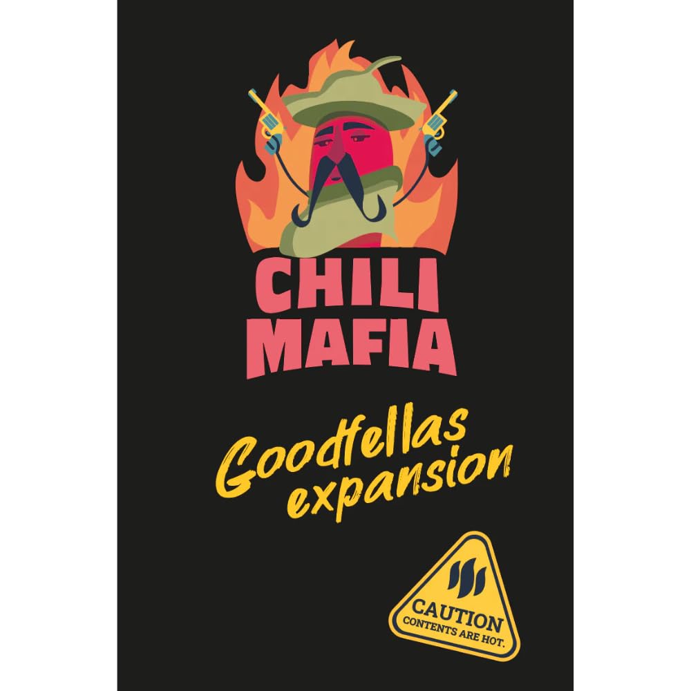 Chili Mafia Goodfellas Expansion board game box art featuring a chili pepper character with a mustache hat and guns surrounded by flames