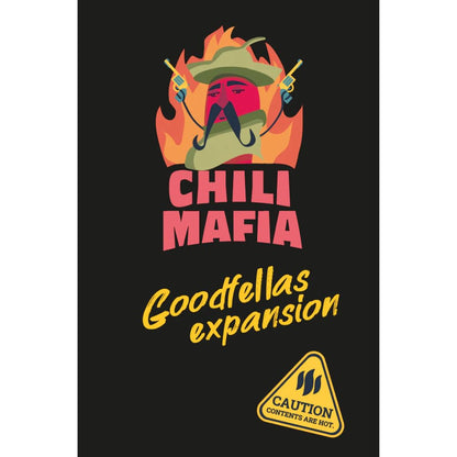 Chili Mafia Goodfellas Expansion board game box art featuring a chili pepper character with a mustache hat and guns surrounded by flames