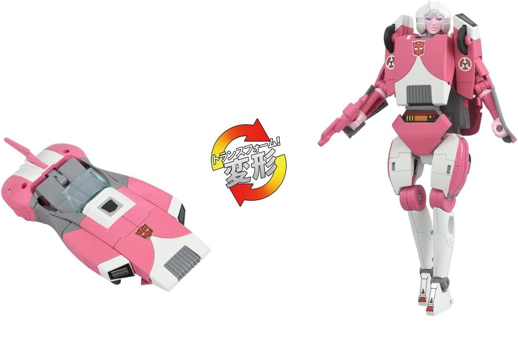 Pink Transformer Arcee figure shown converting between robot mode and futuristic car vehicle mode
