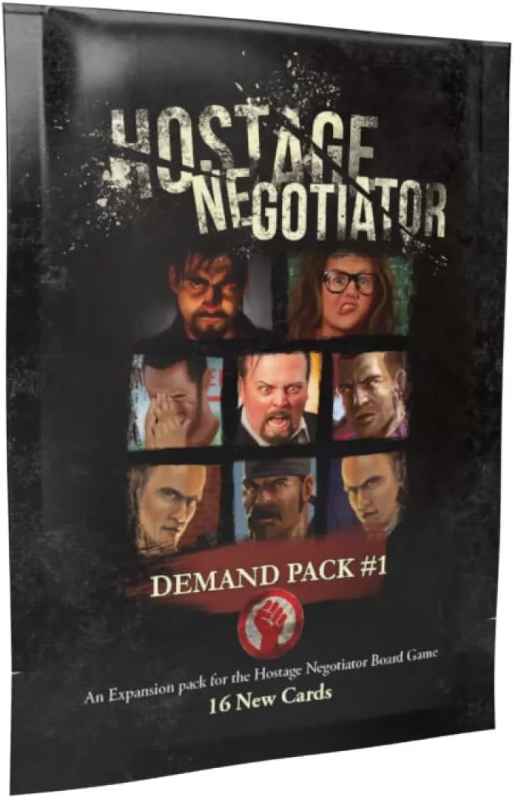 Box art for Hostage Negotiator: Demand Pack #1 expansion, showing nine intense character faces on a black background