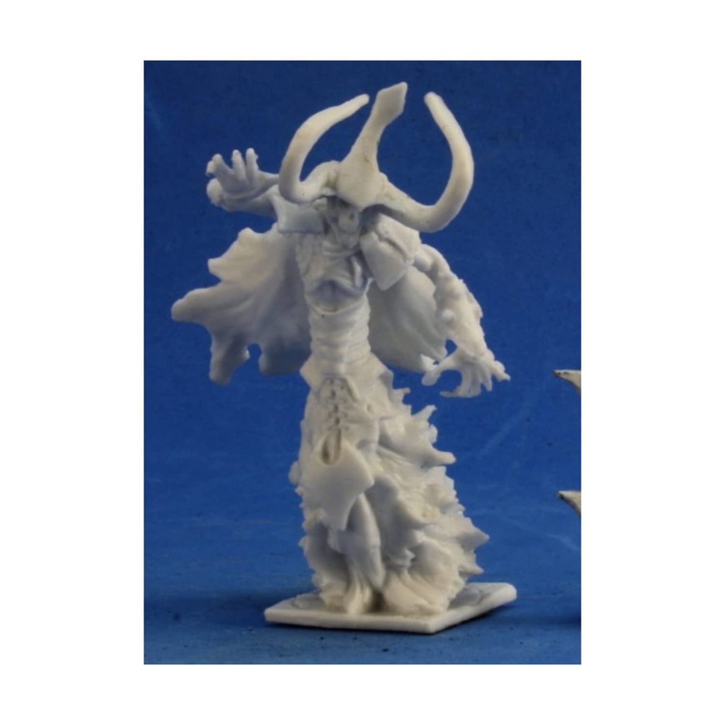 White miniature of a horned demon or warlock in robes with hands raised, on a base