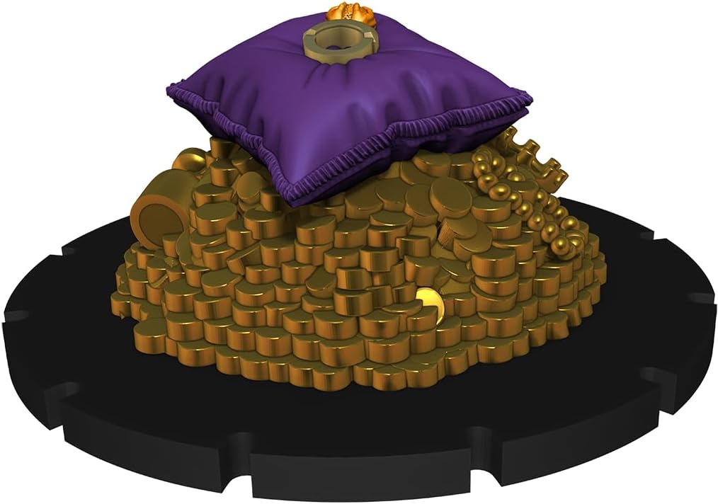 Miniature golden treasure hoard topped with a purple pillow holding a gold ring and small crown
