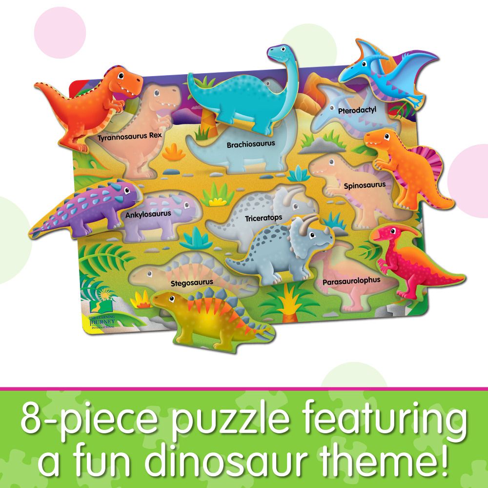 Eight-piece wooden peg puzzle featuring colourful cartoon dinosaurs: T-Rex, Brachiosaurus, Triceratops, Pterodactyl, Stegosaurus, and Ankylosaurus