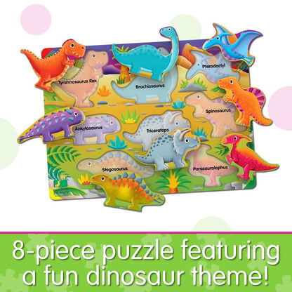 Eight-piece wooden peg puzzle featuring colourful cartoon dinosaurs: T-Rex, Brachiosaurus, Triceratops, Pterodactyl, Stegosaurus, and Ankylosaurus