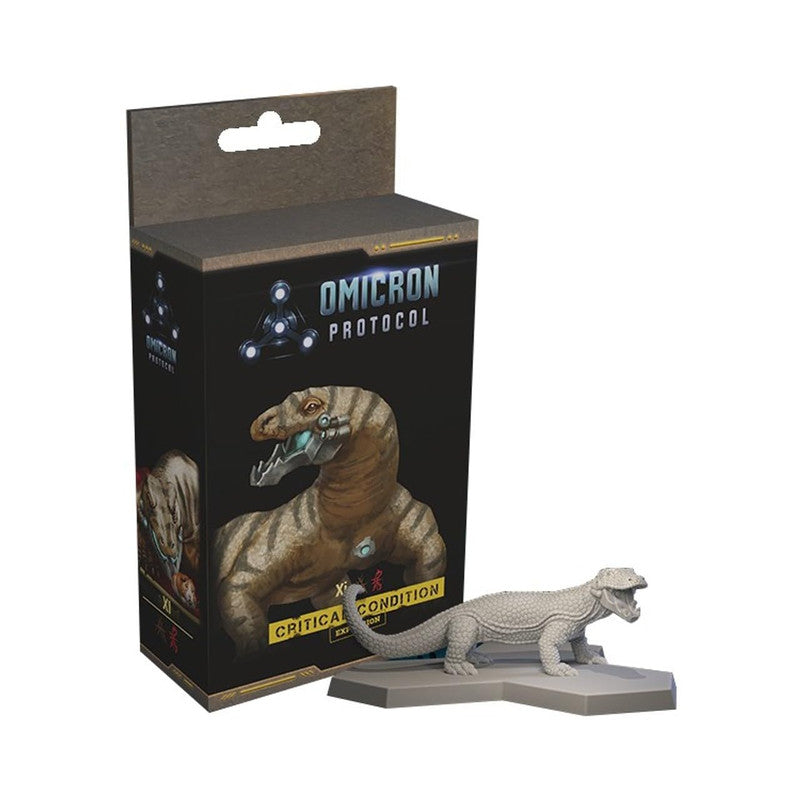 Omicron Protocol game box showing a cybernetic raptor, next to its unpainted grey miniature on a base