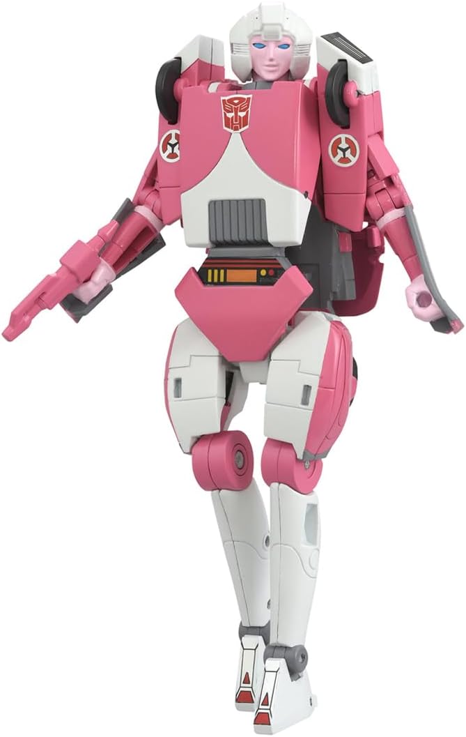 Pink and white action figure of Arcee, the female Autobot, in a dynamic standing pose