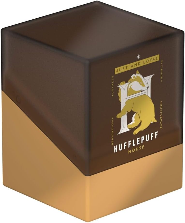 Gold and brown box with the Hufflepuff House crest, featuring a badger and the motto &quot;Just and Loyal&quot;