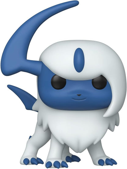 White and blue Funko Pop figure of the Pokémon Absol, standing with its iconic curved horn