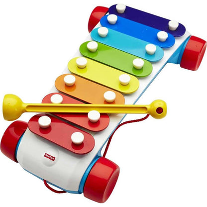 Pull-along Fisher-Price toy xylophone with rainbow-colored keys and yellow mallet