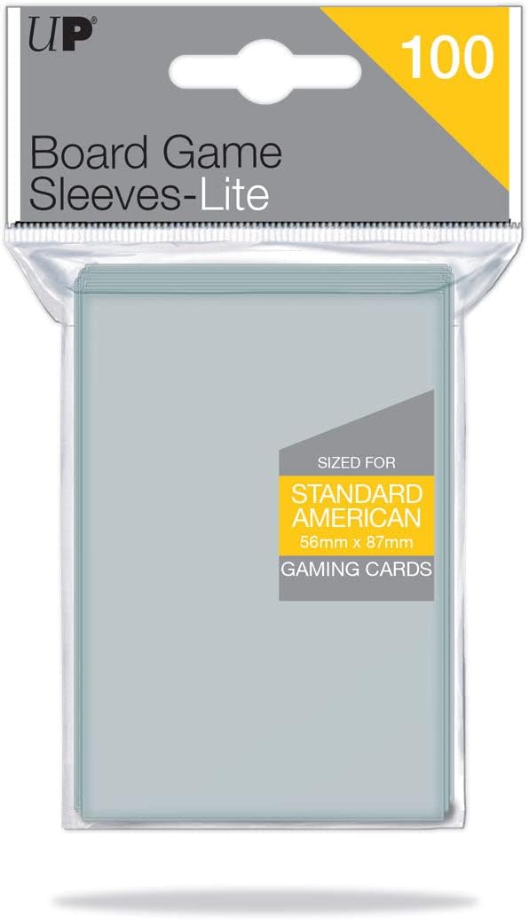 Package of 100 Board Game Sleeves-Lite, sized for Standard American 56x87mm gaming cards. (89 characters)