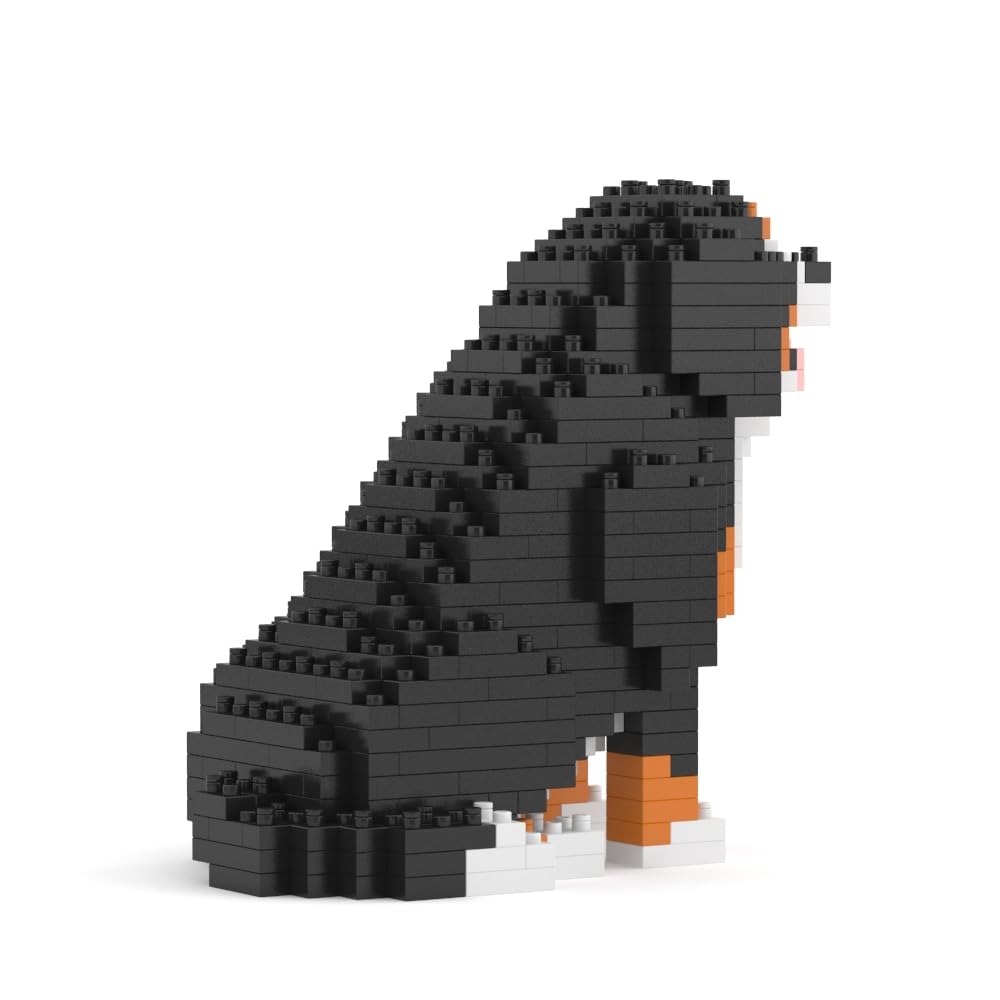 Sitting Bernese Mountain Dog figure constructed from black, white, and orange building bricks