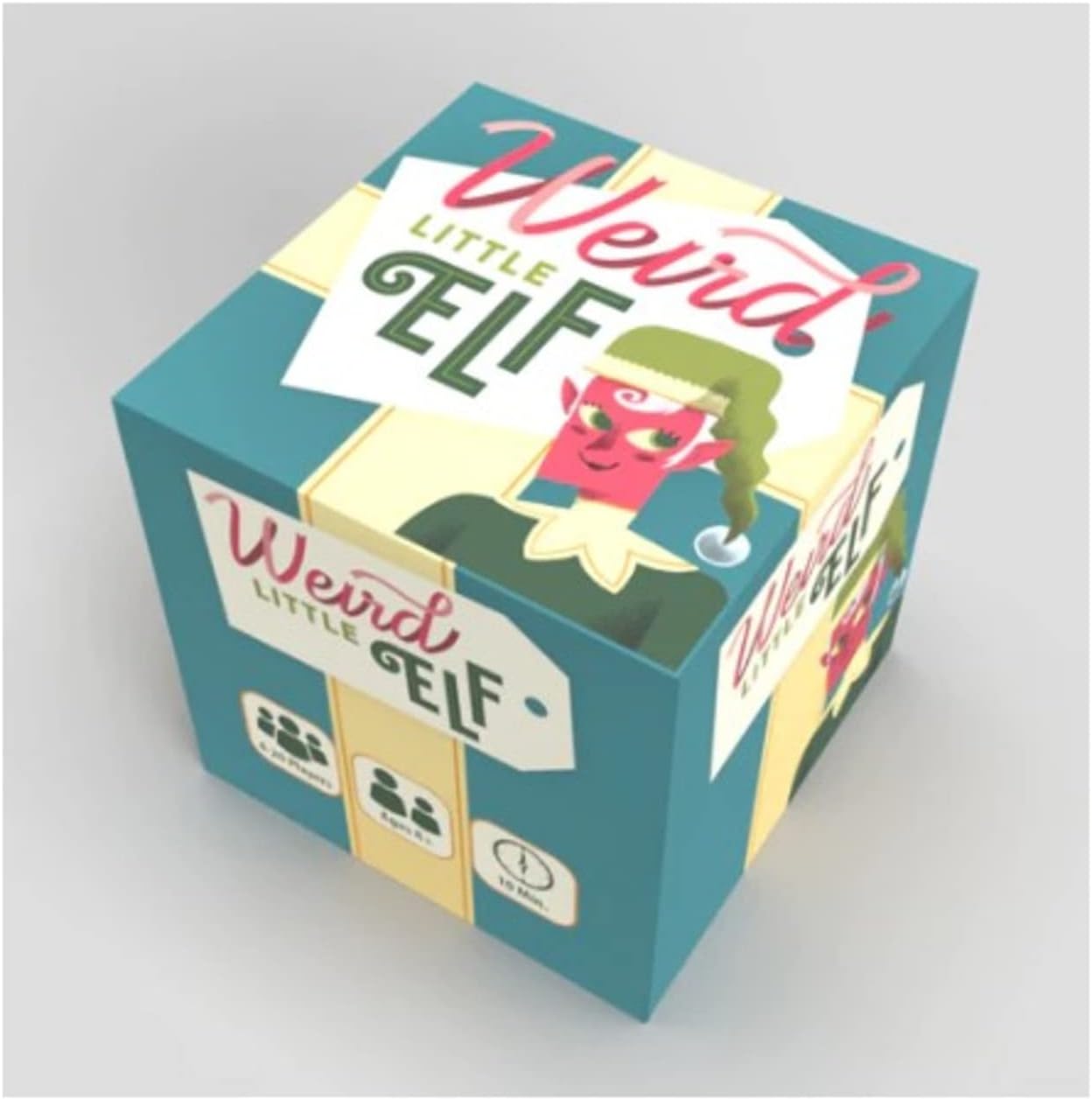 A teal "Weird Little Elf" game box featuring a red-faced elf with a green hat. Player count and age are visible