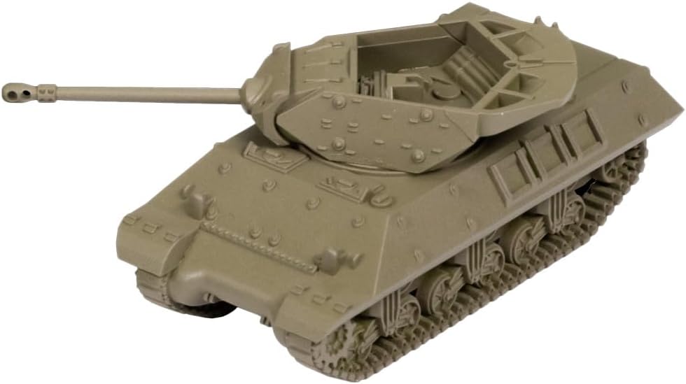 A tan miniature tank model with an open-top turret and a long gun barrel, viewed from an upper angle