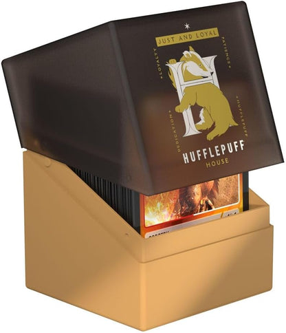Hufflepuff trading card deck box (tan and dark brown) featuring the badger crest and house traits, filled with cards