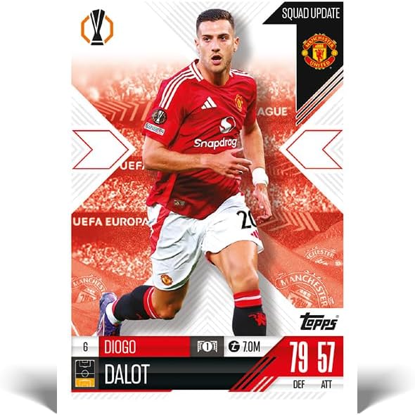 Football trading card for Diogo Dalot of Manchester United red shirt and white shorts Europa League design