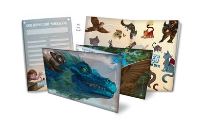 Game Master Kit: Various tabletop game accessories including a character workbook, a blue dragon game board, and a sheet with cat art