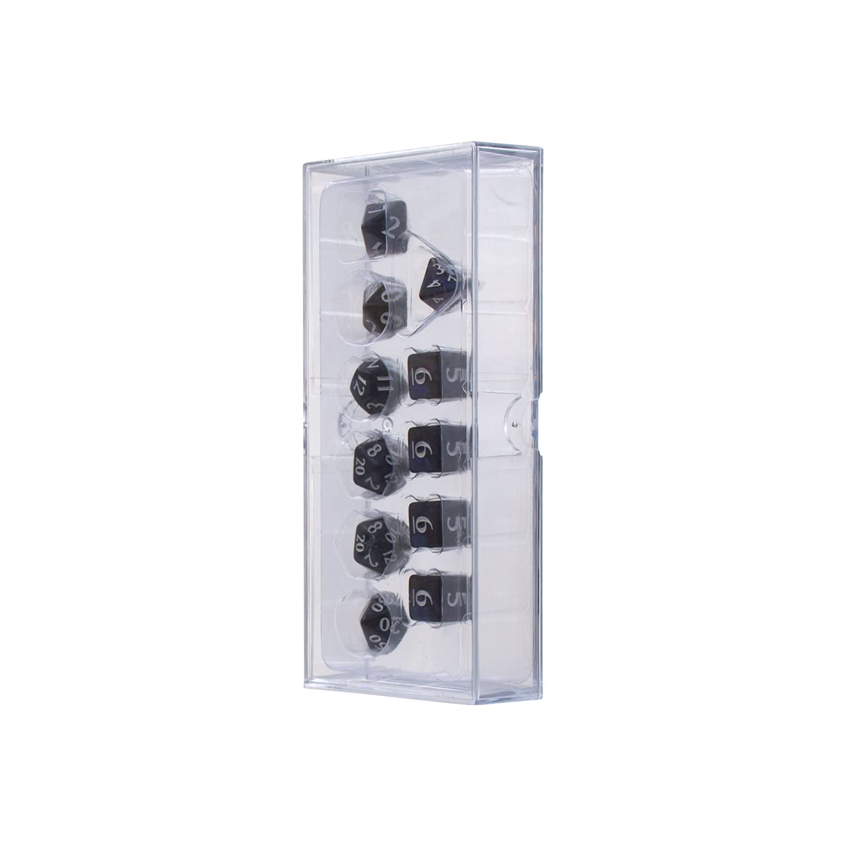 Black polyhedral dice set in a clear plastic storage case