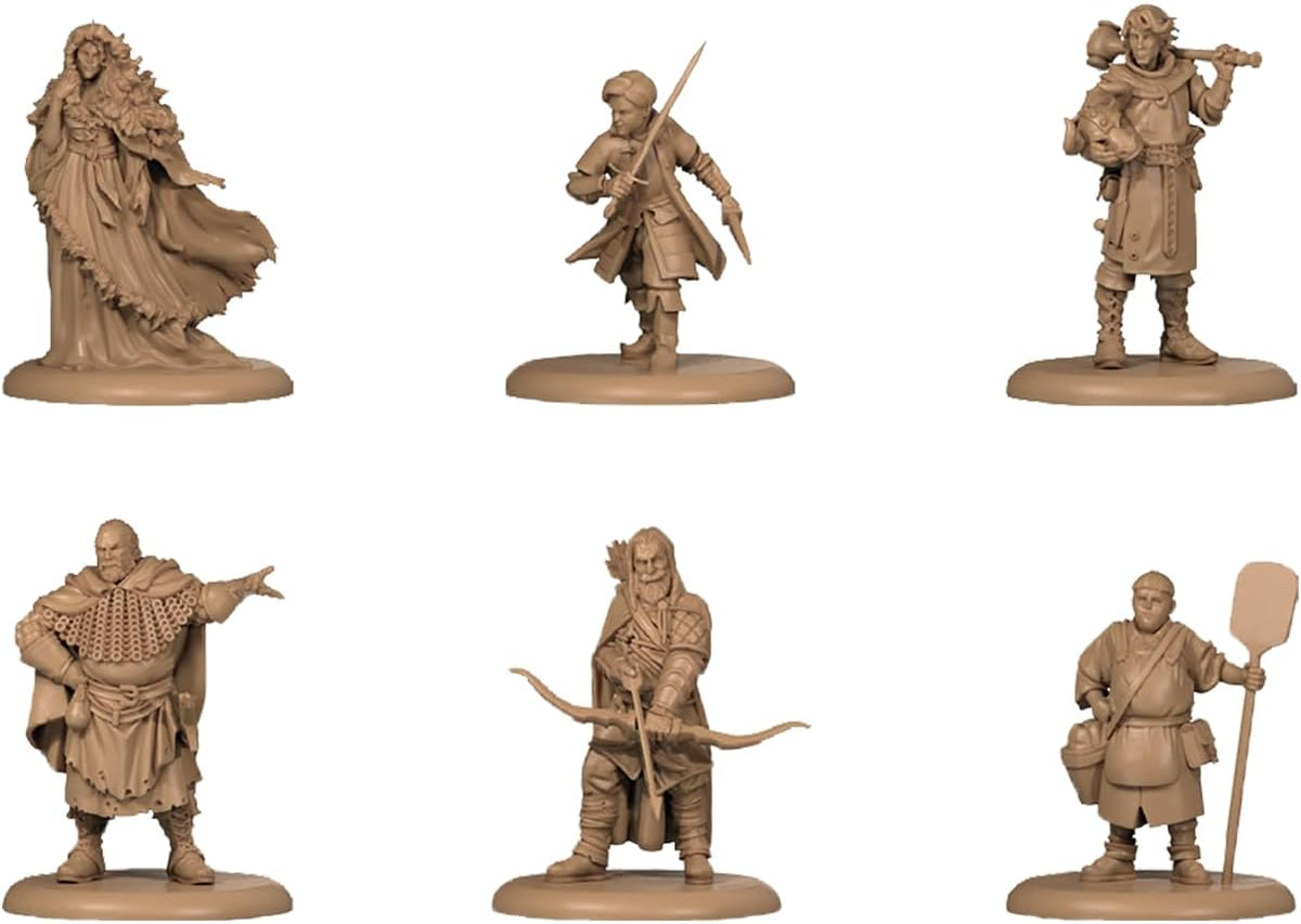 Six unpainted tabletop miniature figures depicting diverse fantasy characters