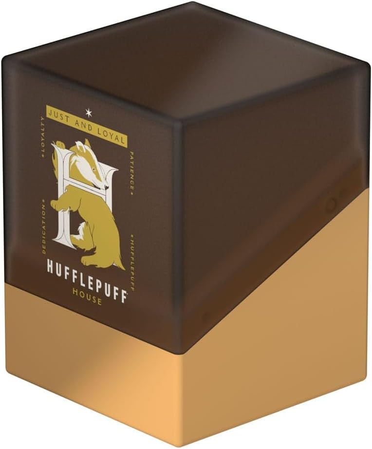 Brown and gold Hufflepuff container featuring the badger crest and the motto "Just and Loyal"