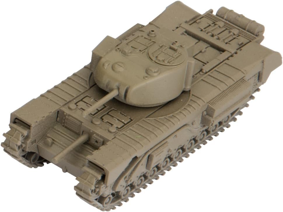 Detailed, unpainted olive green model of a British Churchill tank, viewed from above on white