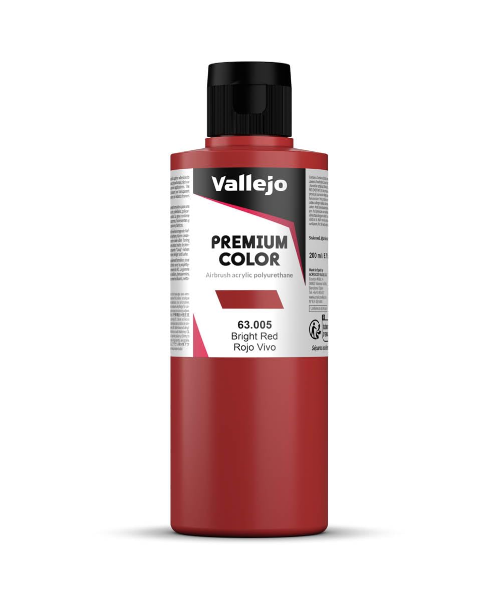 A bottle of Vallejo Premium Airbrush Acrylic Polyurethane Colour in bright red with a black cap and white label details