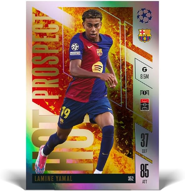 Trading card featuring soccer player Lamine Yamal wearing a blue and red FC Barcelona kit with his number 19 visible