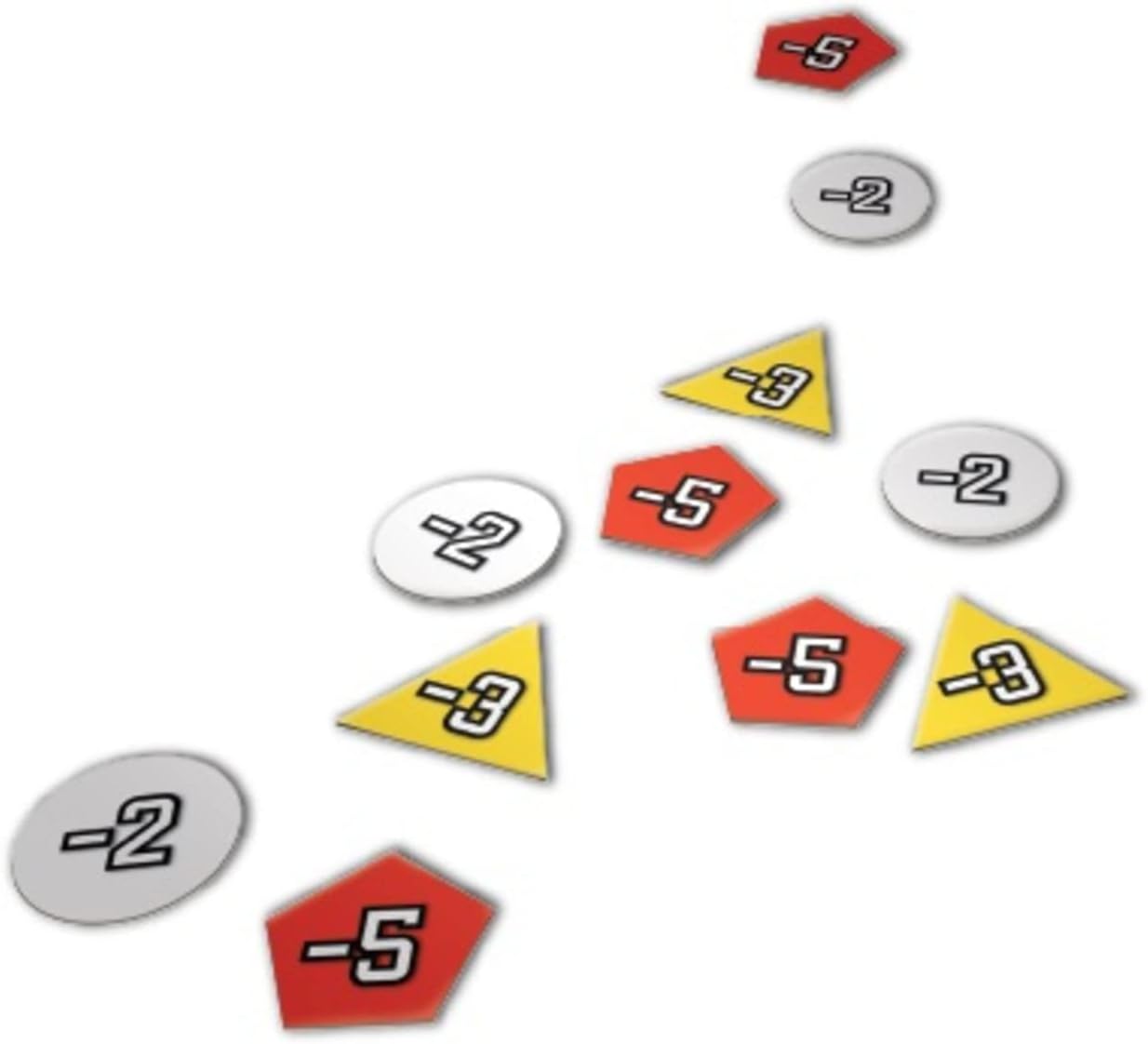 Collection of white circles yellow triangles and red pentagons with negative numbers printed on them