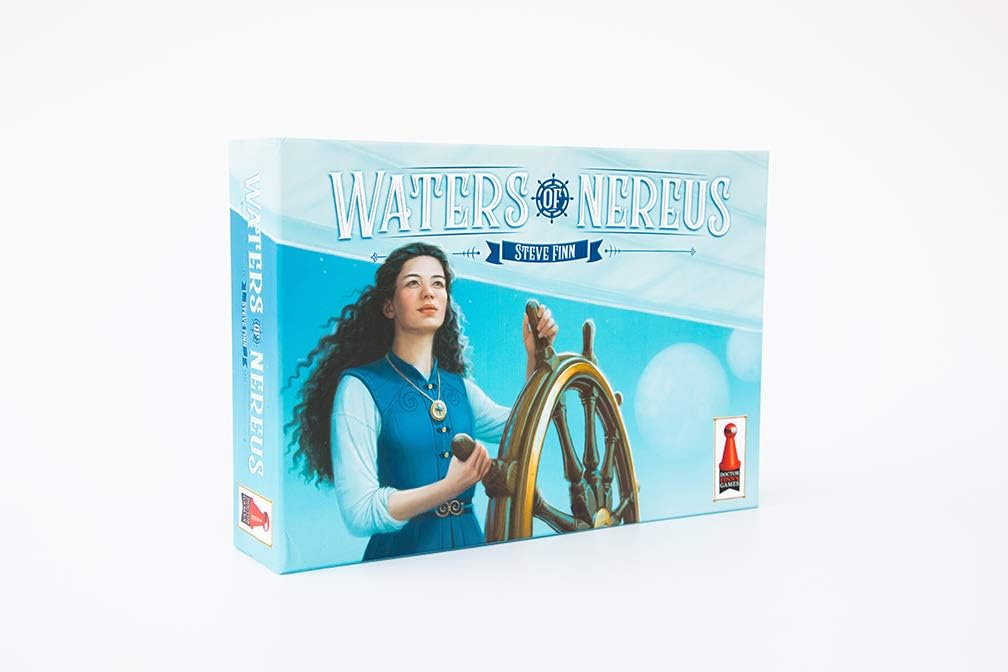 Waters of Nereus board game box. Cover art shows a woman with dark curly hair gripping a ship's wheel