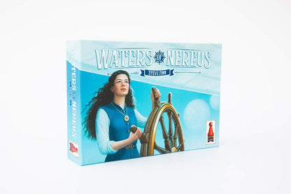 Waters of Nereus board game box. Cover art shows a woman with dark curly hair gripping a ship's wheel