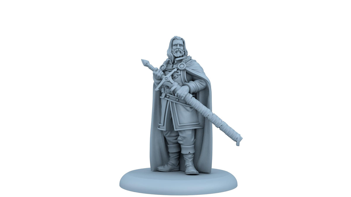 Gray miniature of a bearded man in a cloak holding a large sword upright