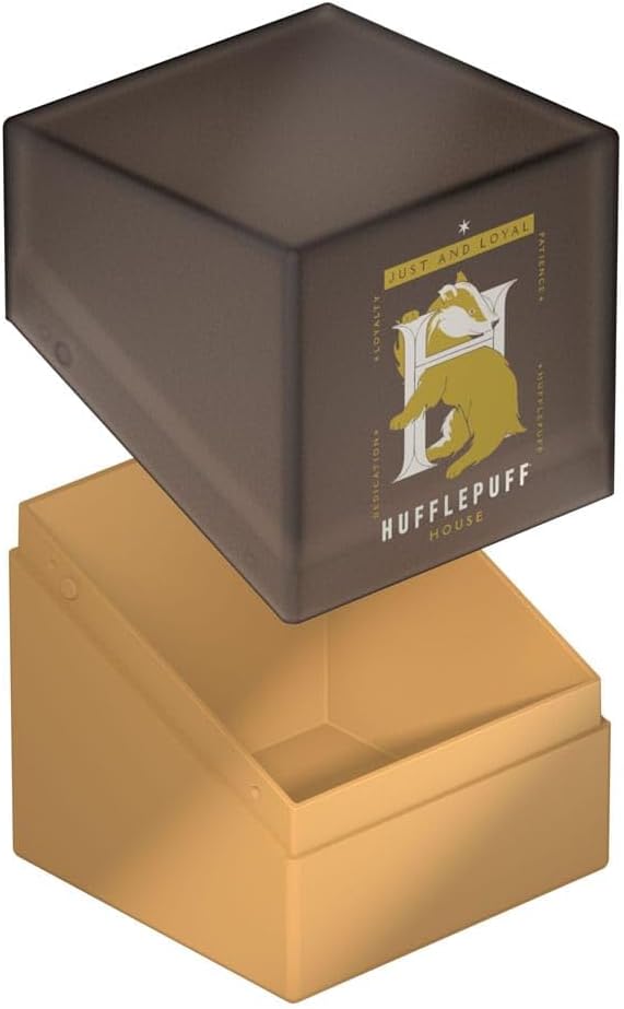 Open Hufflepuff deck box. Tan base and dark lid featuring the badger crest and house motto