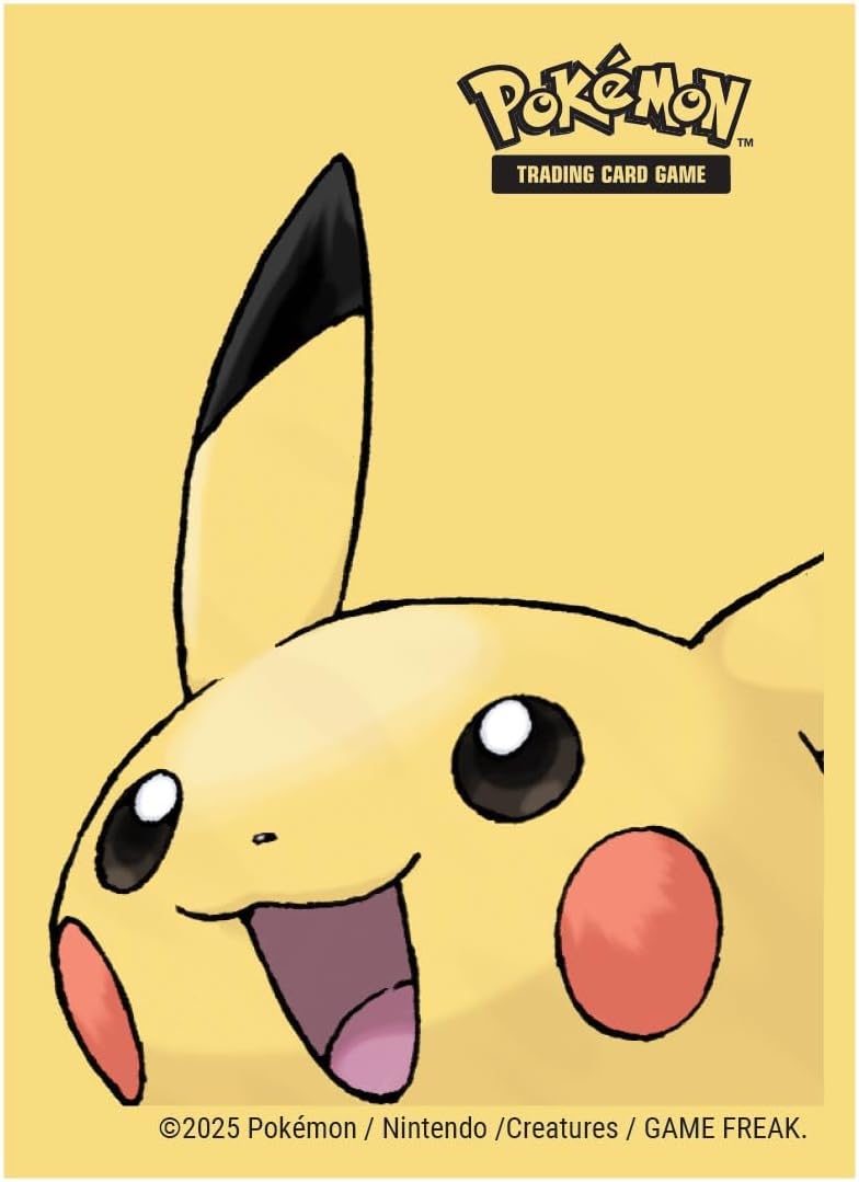 Close-up of a smiling Pikachu looking up on a yellow background, featuring the PokÃ©mon TCG logo