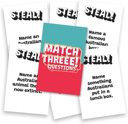 Match Threee! Questions card game. Spread of white "STEAL!" cards with trivia and the central teal and red game logo card