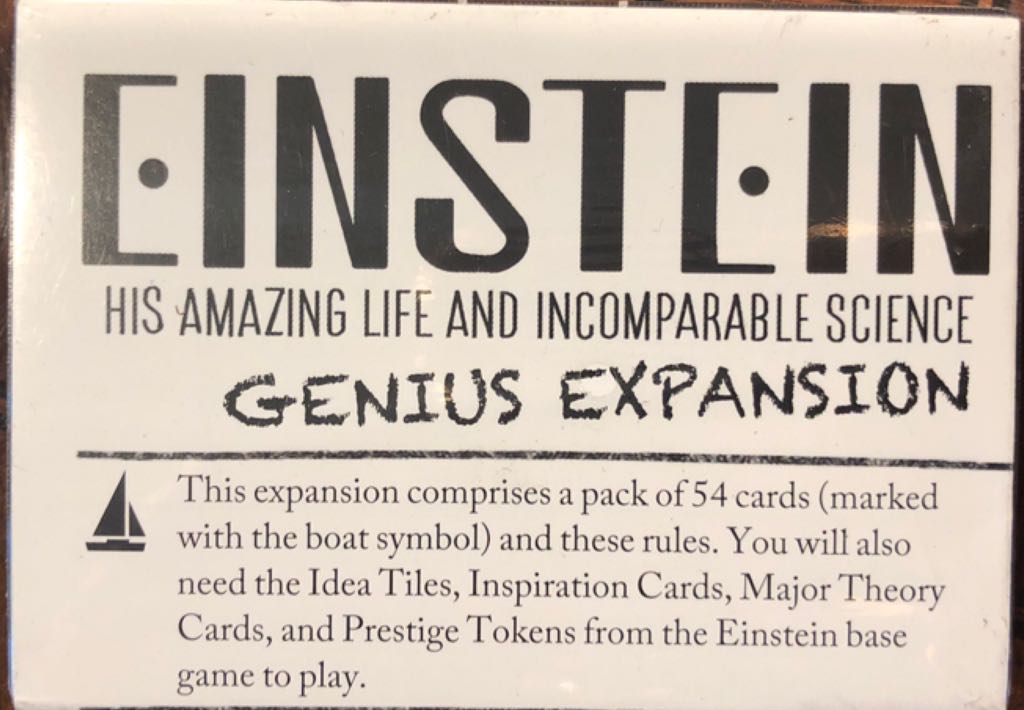 Einstein Genius Expansion board game box with black text and boat symbol on white background
