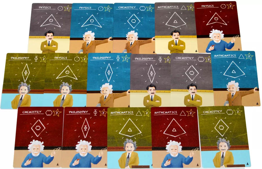 Einstein Genius Expansion board game cards featuring iconic scientists and philosophical concepts on blackboards