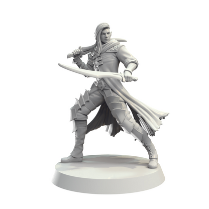 Unpainted grey miniature of an elven warrior in a dynamic pose, wielding two swords