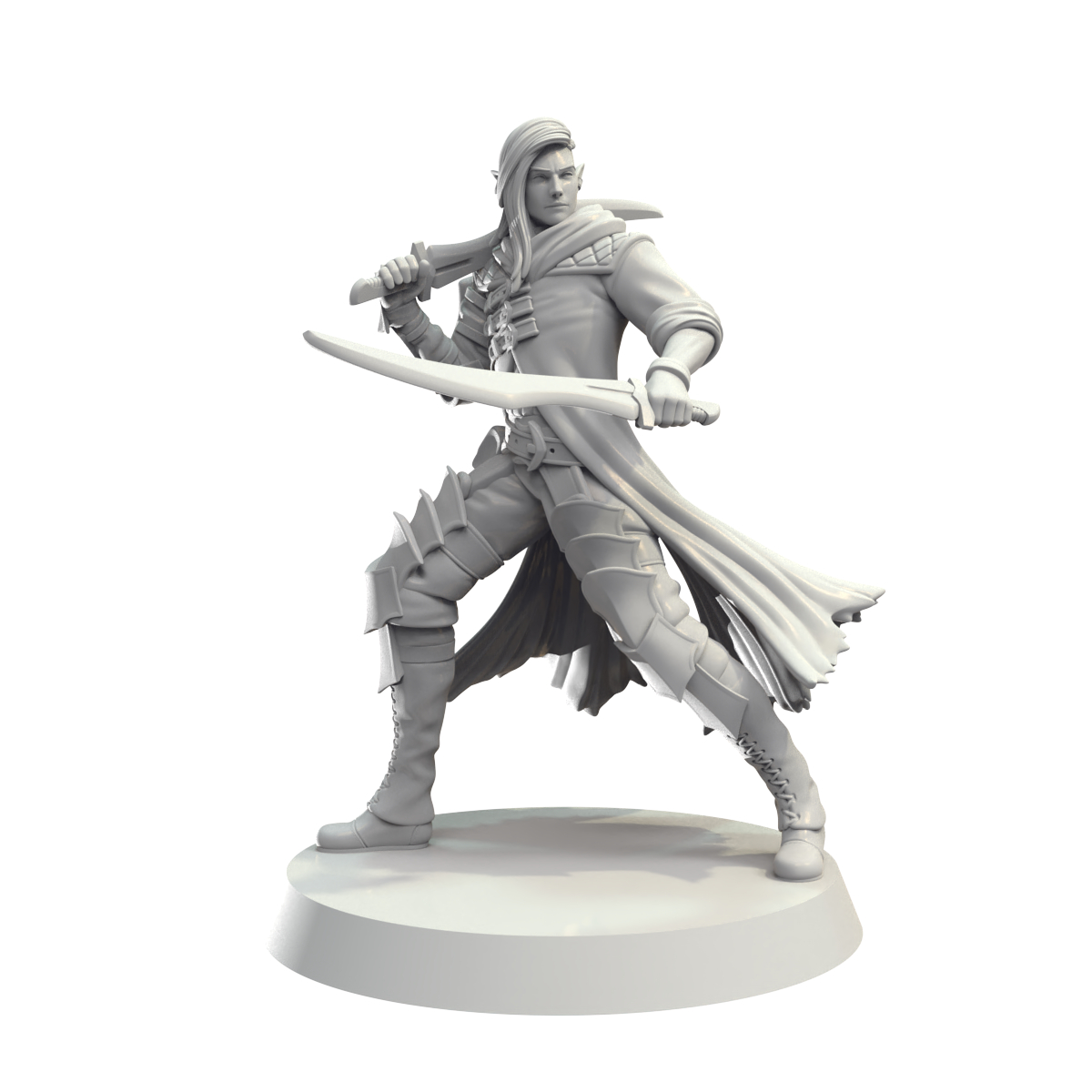 Unpainted grey miniature of an elven warrior in a dynamic pose, wielding two swords