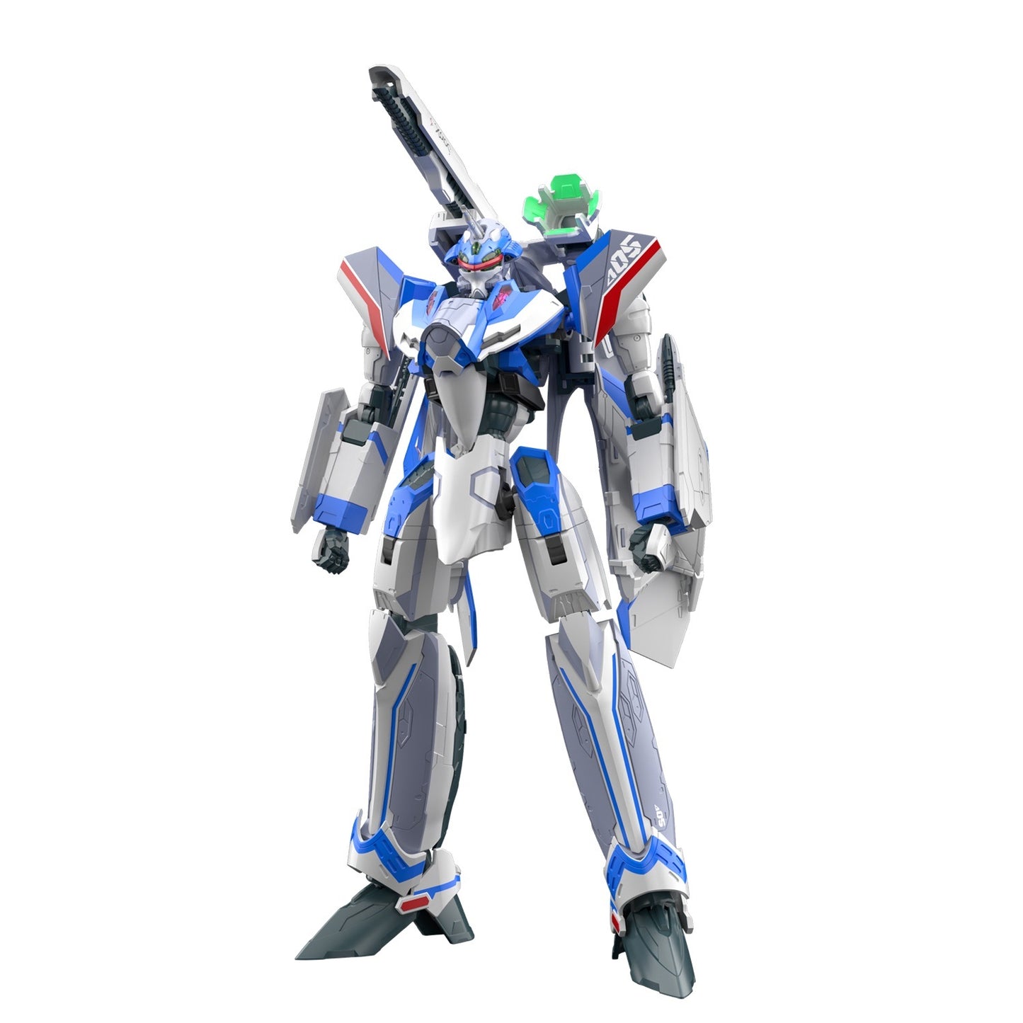 Blue and white military Variable Fighter mecha model standing, featuring a large back-mounted cannon