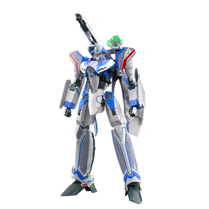 Blue and white military Variable Fighter mecha model standing, featuring a large back-mounted cannon