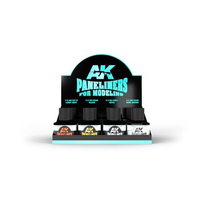 A black display stand with 12 bottles of AK Paneliners for Modeling in light grey -  black -  sepia -  and dark brown