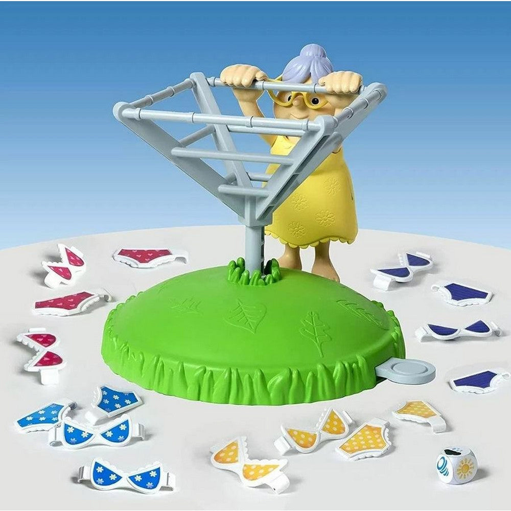 Cartoon grandma in yellow dress holds a clothesline and miniature colorful bras and underwear pieces surround a green base