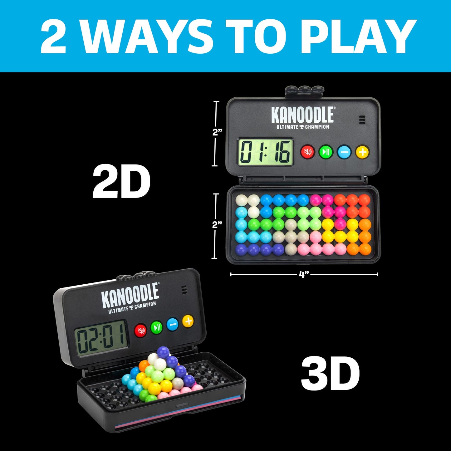 Kanoodle Ultimate Champion game showing 2D flat grid and 3D pyramid challenges with timer display