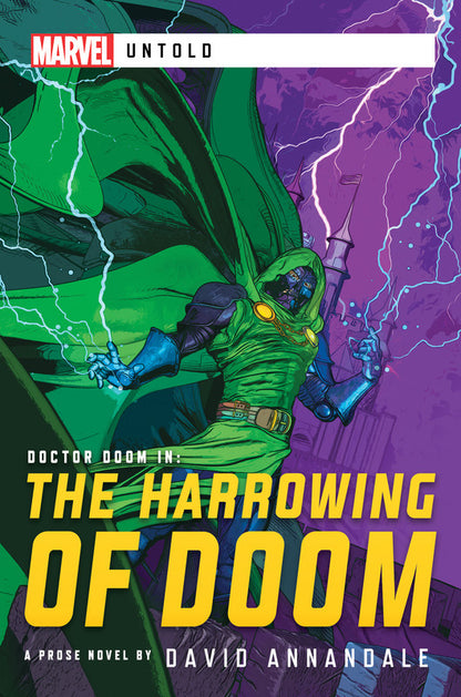 Doctor Doom in The Harrowing of Doom novel featuring a green-clad villain under lightning skies