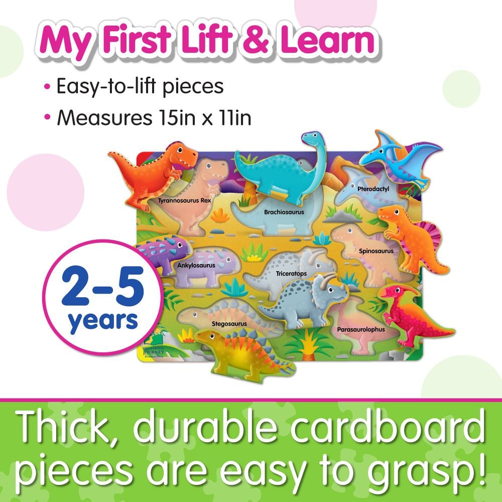 Colourful "My First Lift & Learn" dinosaur puzzle board with thick pieces of T-Rex, Brachiosaurus, and Triceratops for ages 2-5
