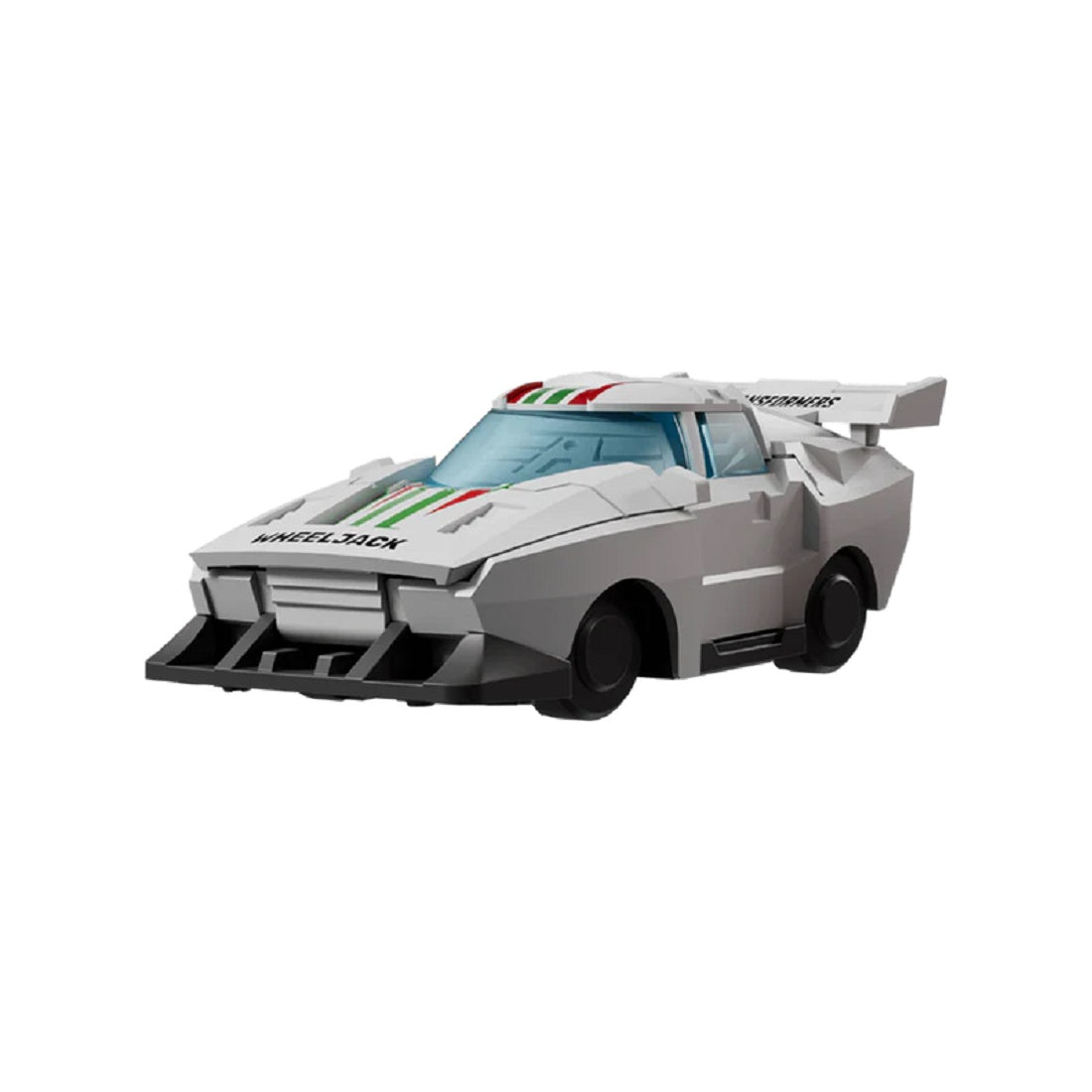 Gray brick-built race car toy, Transformers Wheeljack alt mode, with green and red stripes