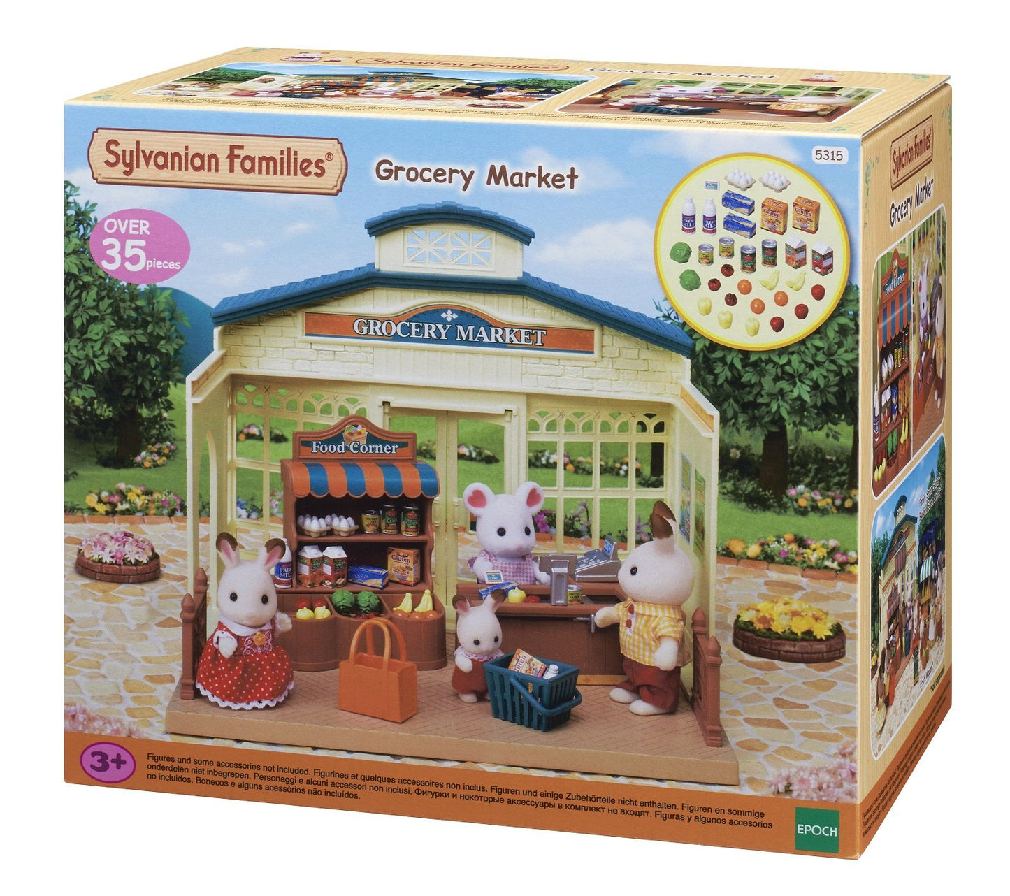 Sylvanian Families Grocery Market playset box, showing animal figures shopping at the detailed market stall