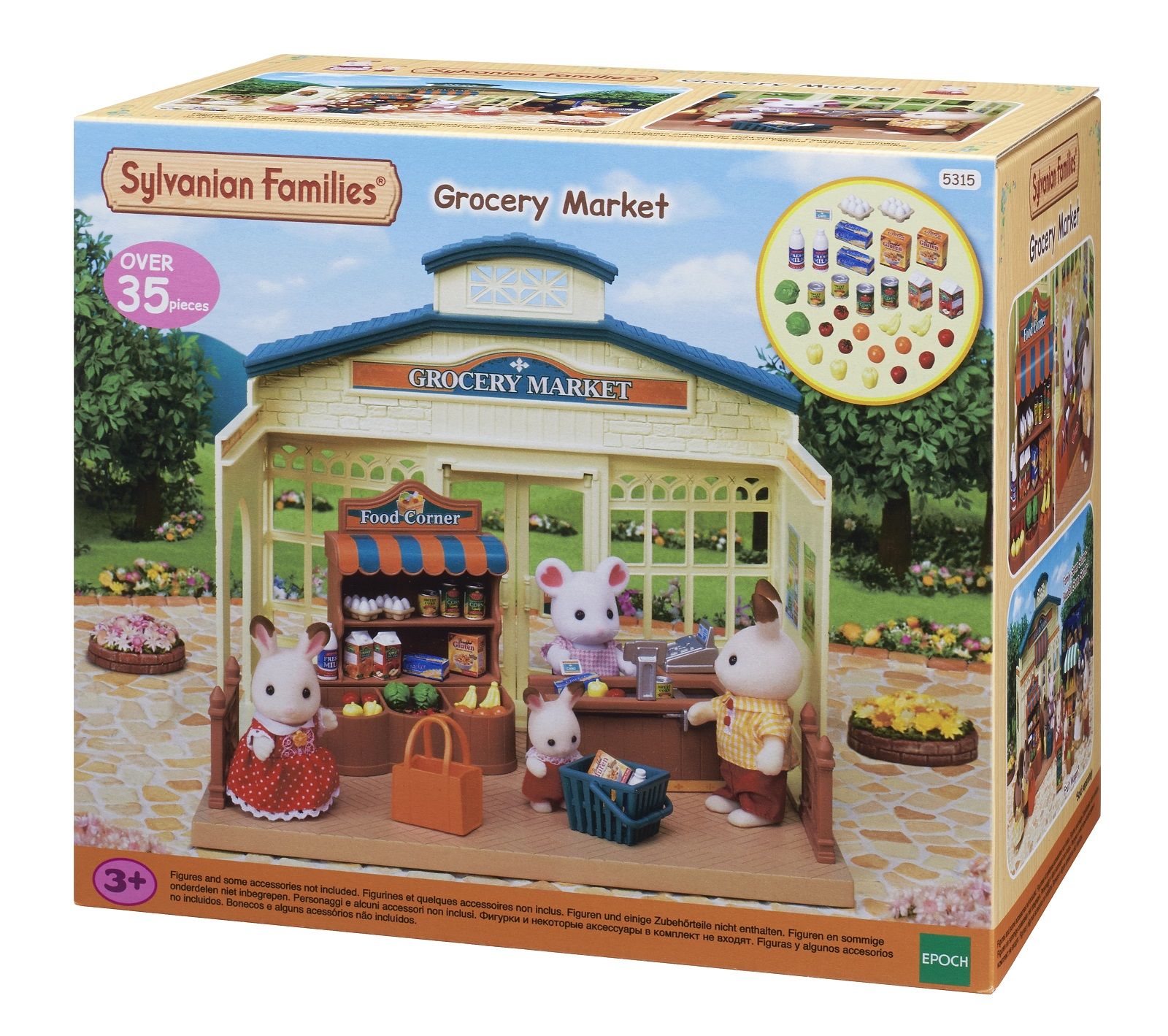Sylvanian Families Grocery Market playset box, showing animal figures shopping at the detailed market stall