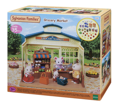 Sylvanian Families Grocery Market playset box, showing animal figures shopping at the detailed market stall
