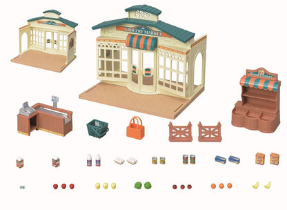 Detailed miniature toy grocery market playset with storefront, counter, food stand, and tiny food items