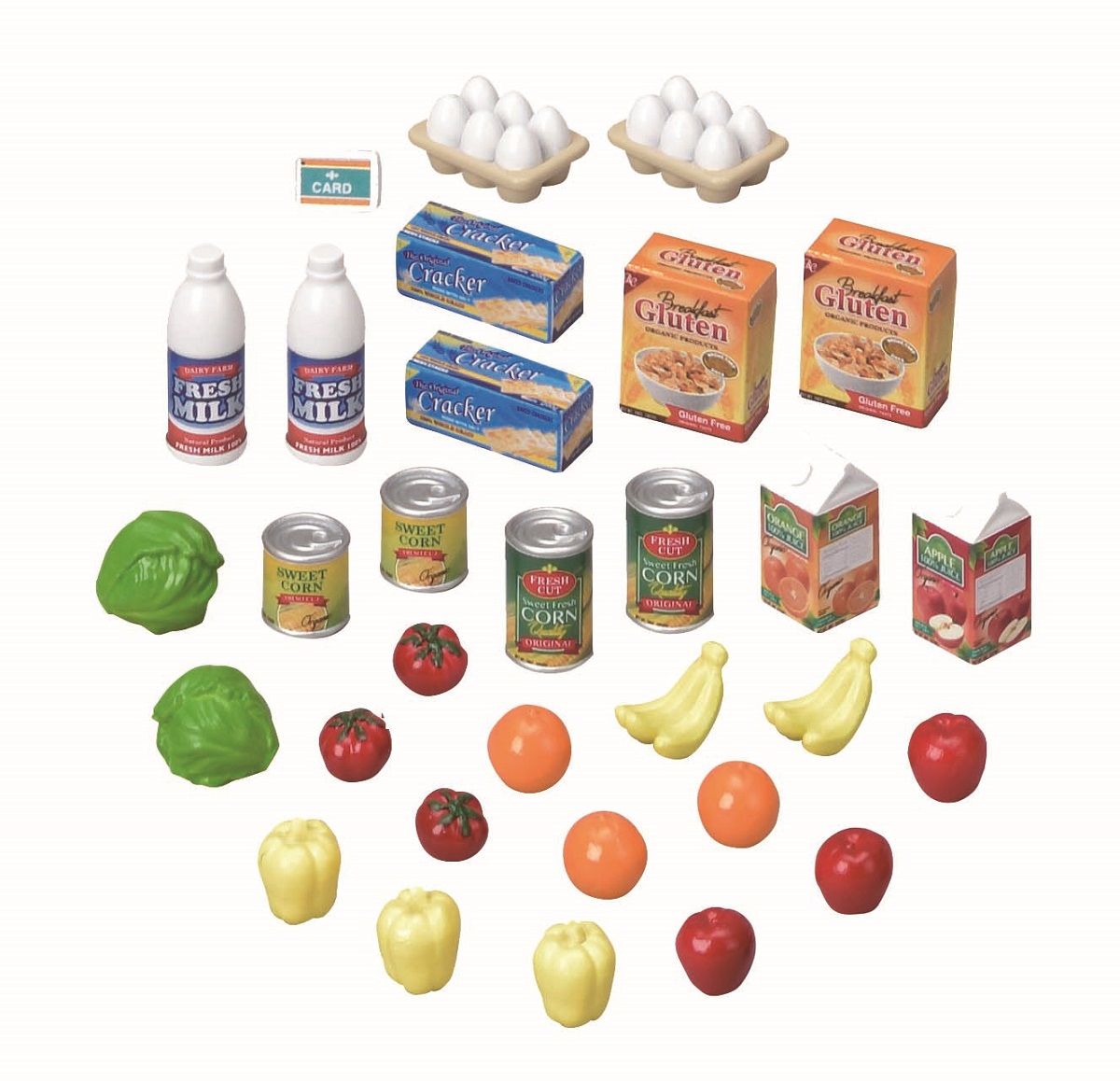 Assortment of realistic miniature grocery items: milk, eggs, crackers, produce, and canned goods